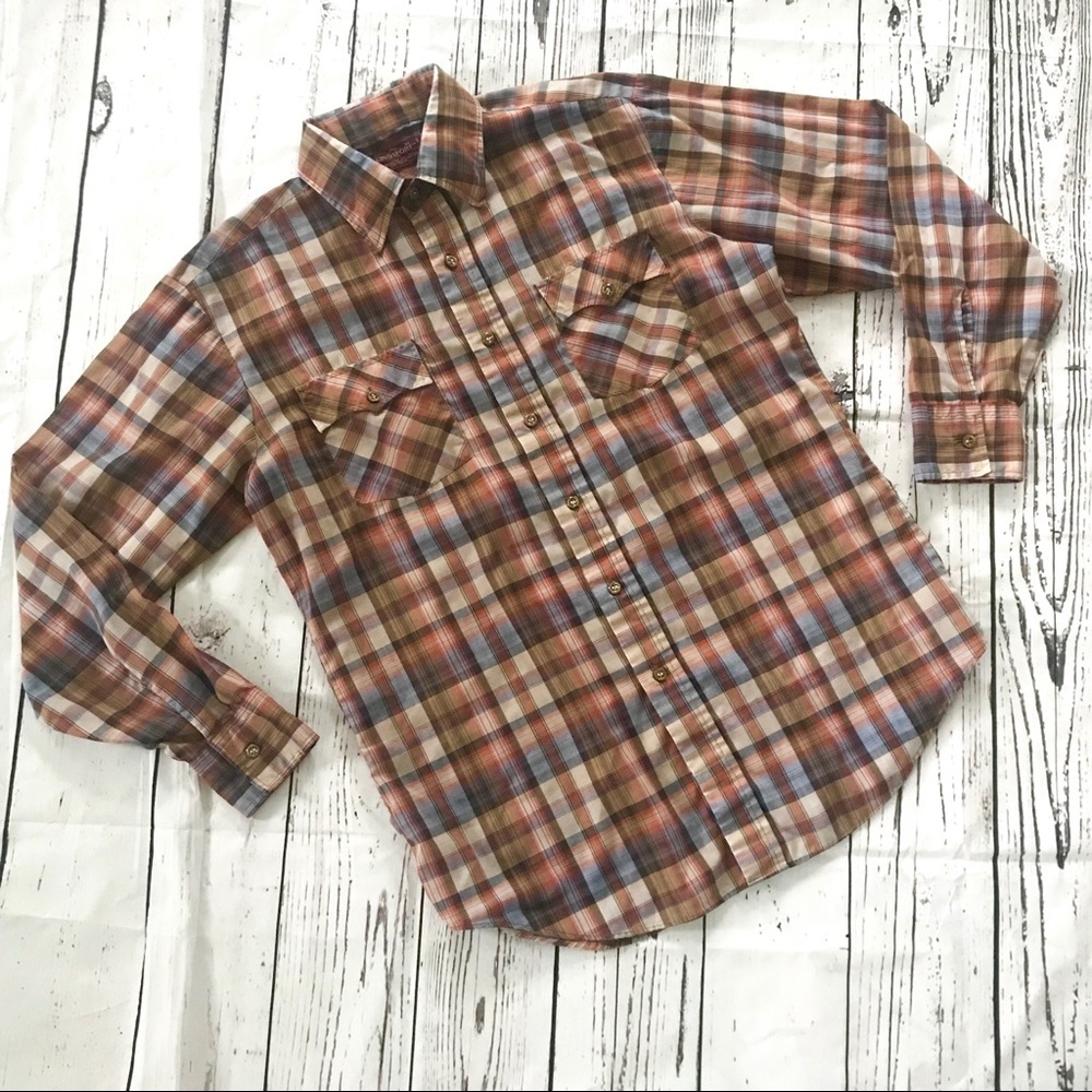 Vintage 1970’s brown plaid western button down long sleeve shirt